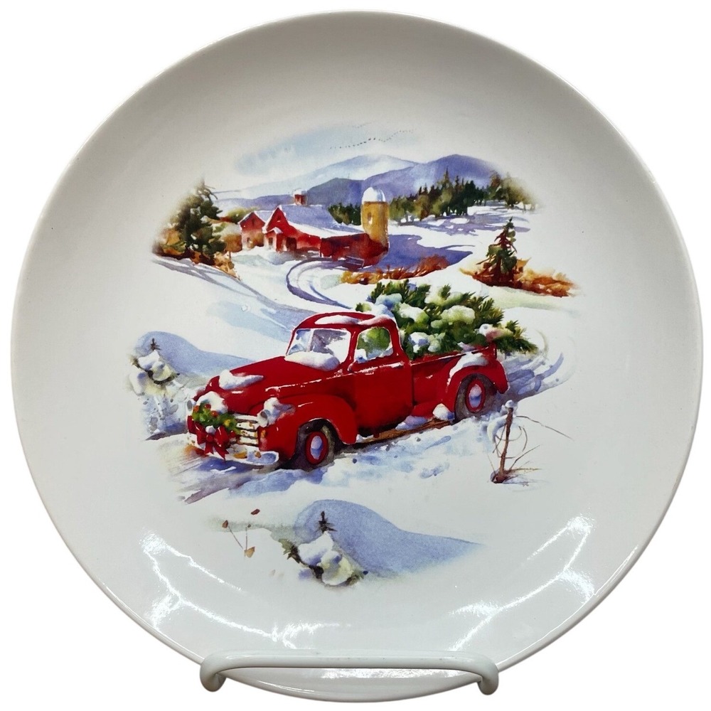 Red Truck Plate Farmhouse Decor Stoneware 8" Winter Scene Christmas Holiday Time
